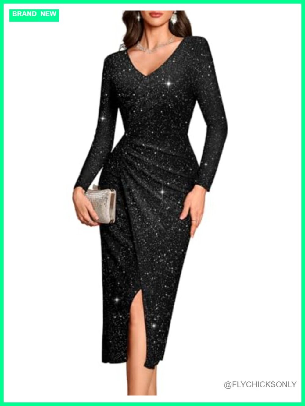 Formal Sequin Long Sleeve Maxi Dress V-Neck Bodycon Prom Evening
